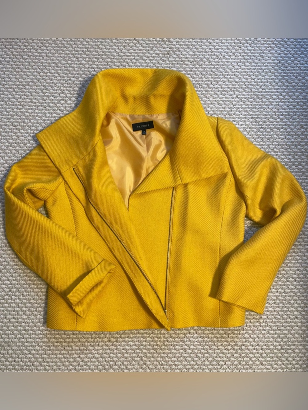 Talbots Yellow Textured Wool Blend Moto Style Zip Up Satin Lined Jacket, size 12